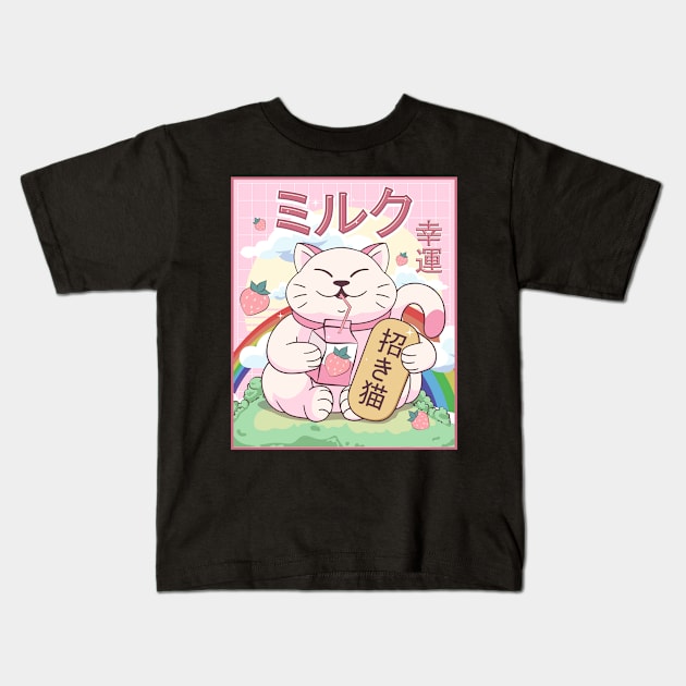 Kawaii Maneki Neko Cat Strawberry Milk Japanese Aesthetic Gift Kids T-Shirt by Alex21